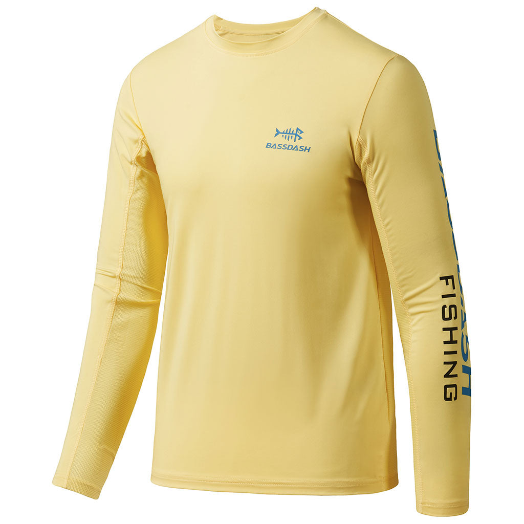 Bassdash UPF 50+ Youth Fishing Shirt Long Sleeve Performance UV Protection Shirt for Boys Girls, Light Yellow/Vivid Blue Logo / L
