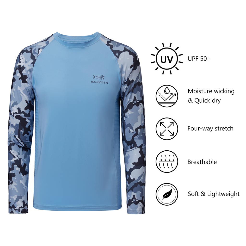 Bassdash UPF 50+ Youth Fishing Shirt Long Sleeve Performance UV Protection Shirt for Boys Girls, Carolina/White Logo / XL