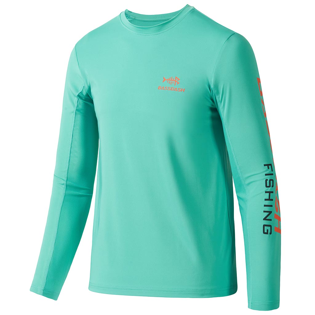Bassdash UPF 50+ Youth Fishing Shirt Long Sleeve Performance UV Protection Shirt for Boys Girls, Emerald Blue/Light Grey Logo / M