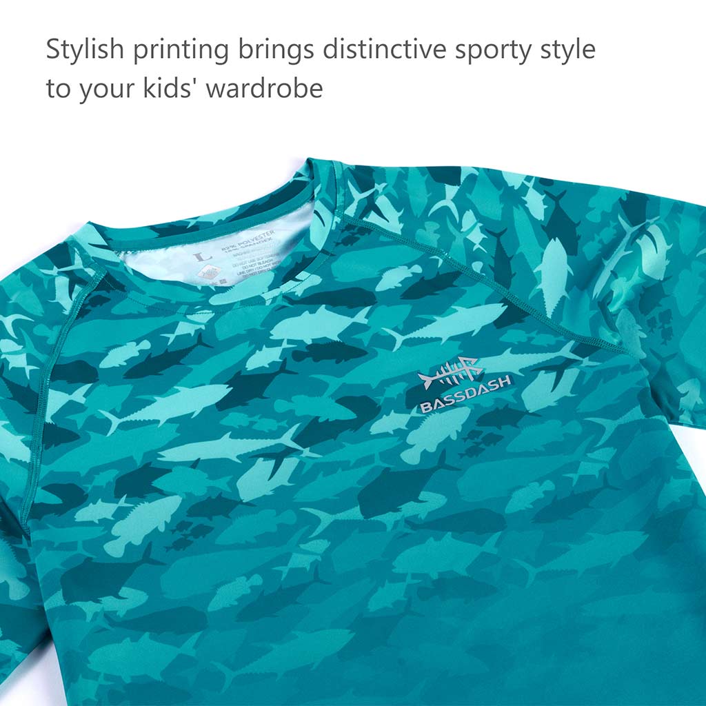 Youth UPF50+ Camo Long Sleeve Fishing Shirt FS14Y, Green Fish Gradient / M