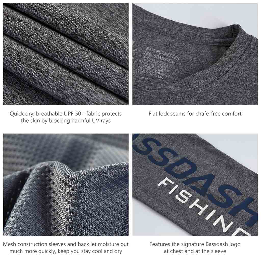 Bassdash UPF 50+ Youth Fishing Shirt Long Sleeve Performance UV Protection Shirt for Boys Girls, Heather Grey/Dark Blue Logo / L