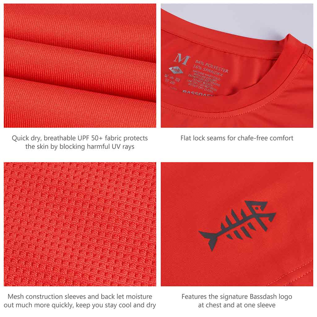 Bassdash UPF 50+ Youth Fishing Shirt Long Sleeve Performance UV Protection Shirt for Boys Girls Coral Red/Dark Grey Logo / S