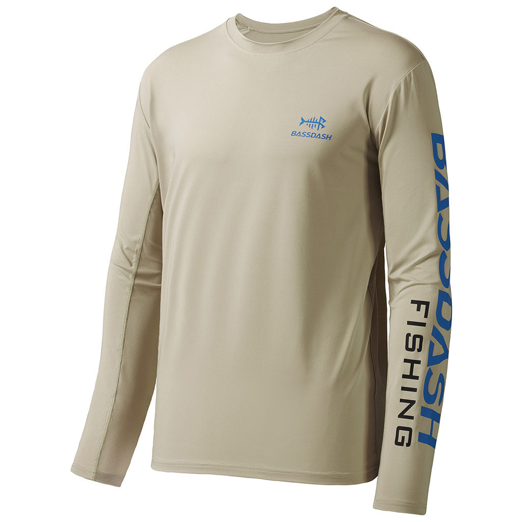Bassdash Men's UPF 50+ Fishing Shirt Long Sleeve Sun Protection Performance Shirt For Outdoor Sports, Light Khaki/Vivid Blue Logo / S