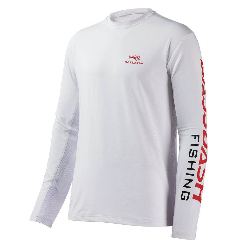 Bassdash Men's UPF 50+ Fishing Shirt Long Sleeve Sun Protection Performance Shirt For Outdoor Sports, White/Red Logo / 5XL