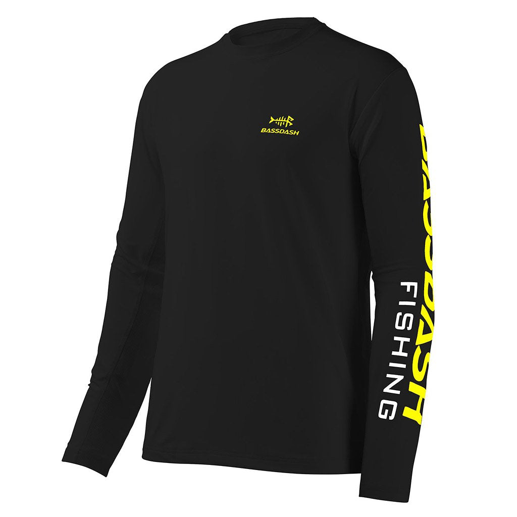 Bassdash Men's UPF 50+ Fishing Shirt Long Sleeve Sun Protection Performance Shirt For Outdoor Sports, Black/Yellow Logo / XL