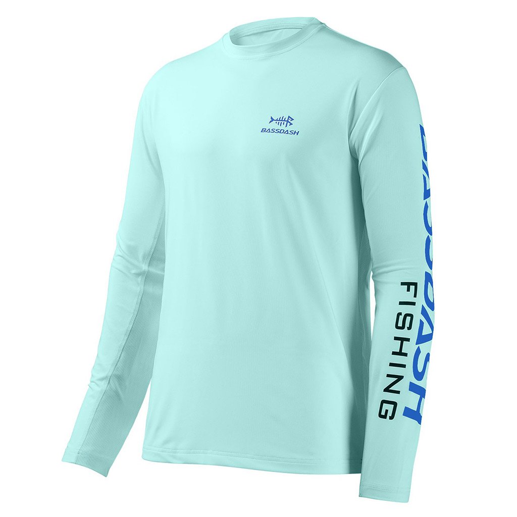 Bassdash Men's UPF 50+ Fishing Shirt Long Sleeve Sun Protection Performance Shirt For Outdoor Sports, Seafoam/Vivid Blue Logo / 3XL