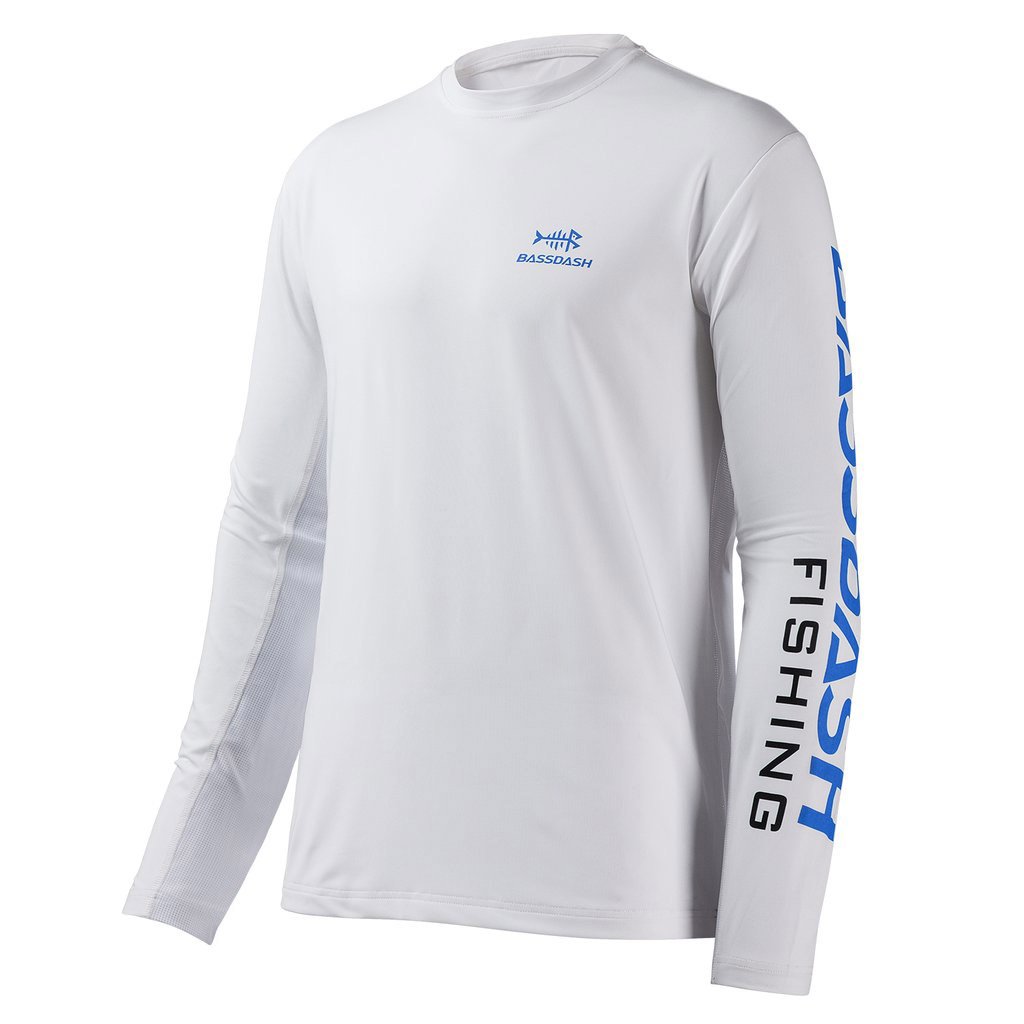 Bassdash Men's UPF 50+ Fishing Shirt Long Sleeve Sun Protection Performance Shirt For Outdoor Sports, White/Blue Logo / XXL