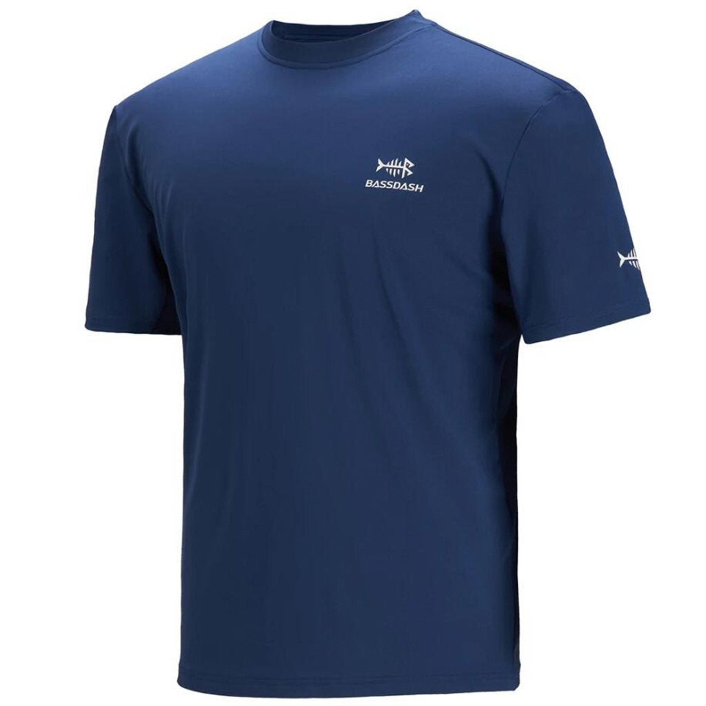 Bassdash Men’s UPF 50+ Performance Fishing T-Shirt Quick Dry Short Sleeve Active Shirt, Dark Blue/White Logo / M