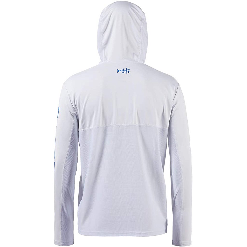 Bassdash UPF 50+ Fishing Hooded Shirt For Men Sun Protection Long Sleeve Performance Hiking Climbing Shirt, White/Blue Logo / 5XL