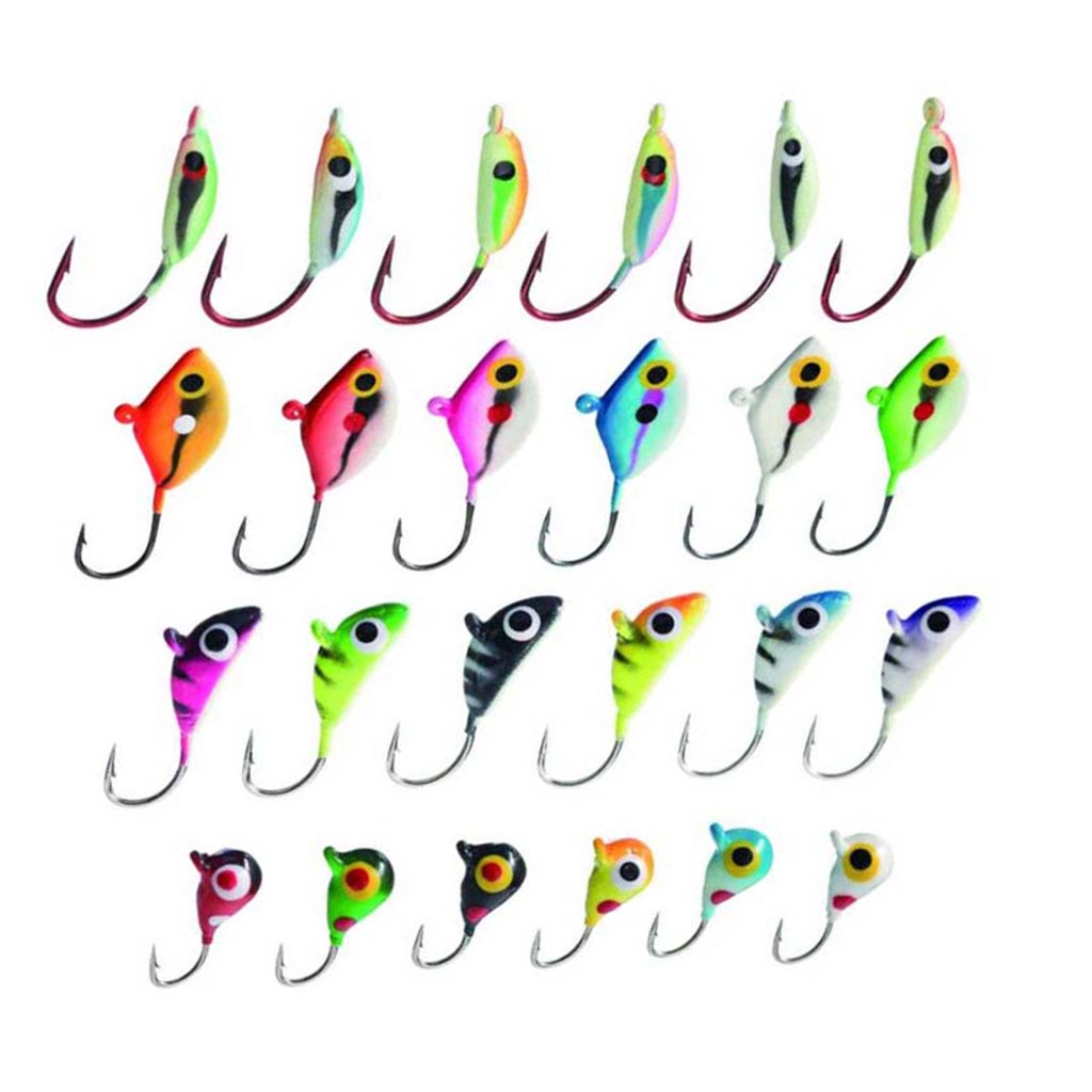 BASSDASH Ice Fishing Lure Kit Glowing Paint Jigs For Winter Ice Jigging Crappie Sunfish Perch Walleye Pike With Tackle Box